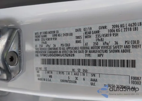 2019 Ford Escape Se z USA, uszkodzony, nr VIN 1FMCU0GD8KUC52628